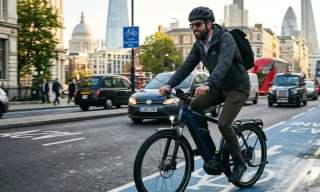 Mężczyzna w kasku i okularach przeciwsłonecznych jedzie najlżejszym rowerem elektrycznym po londyńskiej ścieżce rowerowej, mijając charakterystyczne taksówki i autobusy.