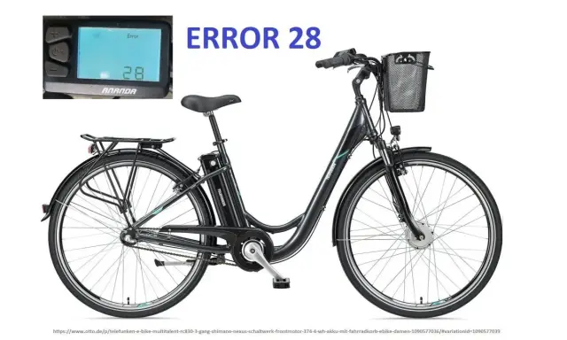 Czarny rower elektryczny z koszykiem i wyświetlaczem pokazującym "ERROR 28". Poznaj kody błędów roweru elektrycznego.
