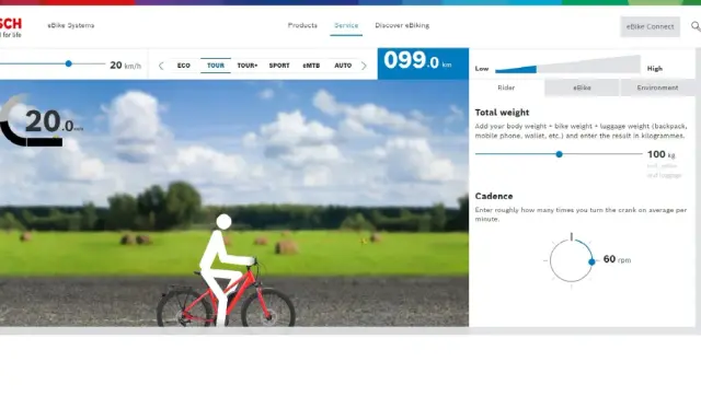 Symulator zasięgu roweru elektrycznego Bosch. Ustawienia: 20 km/h, 100 kg wagi, 60 rpm.
