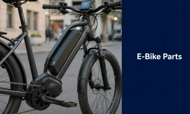 Części do rowerów elektrycznych: czarny rower z widocznym akumulatorem, silnikiem i wyświetlaczem.