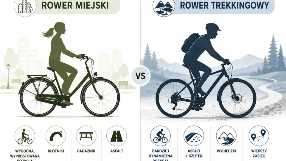 Porównanie dwóch rodzajów rowerów: miejskiego (wygodna pozycja, błotniki, bagażnik) i trekkingowego (dynamiczna pozycja, na asfalt i szuter, na wycieczki, większy zasięg).