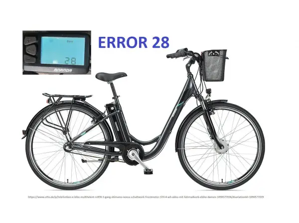 Czarny rower elektryczny z koszykiem i wyświetlaczem pokazującym "ERROR 28". Poznaj kody błędów roweru elektrycznego.