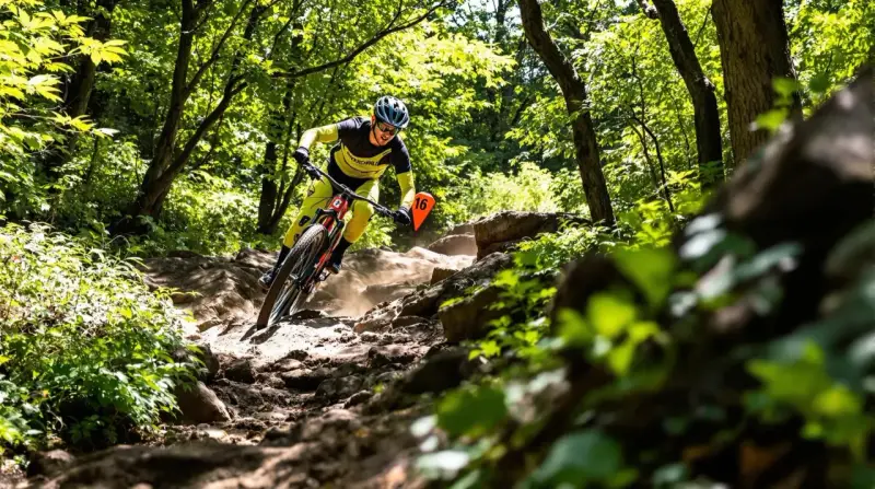 Kolarz MTB w żółtym stroju zjeżdża po kamienistym szlaku. Zastanawiasz się, jaka średnia prędkość na rowerze MTB na takim terenie?